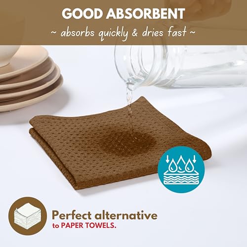 Brown 12x12 Inch Waffle Dish Cloths 18 Pack - Cotton Absorbent Kitchen Towels