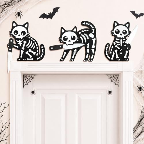 Halloween Black Cat Wall Decor 3 Pcs Wooden Door Toppers - White Variation