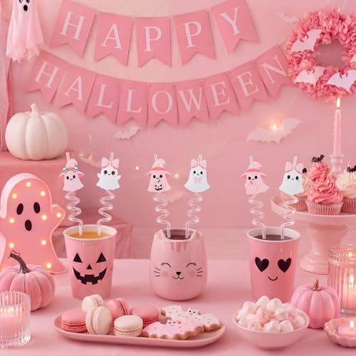 24 Pcs Pastel Ghost Halloween Reusable Glitter Drinking Straws - Cute Party Supplies