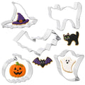 Halloween Cookie Cutters Set - Stainless Steel Bat Witch Hat Pumpkin Ghost Cat with Variation - Silver Halloween Baking Molds