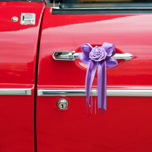 Purple Wedding Car Flower Decorations Set - Artificial Roses & Ribbon Bows, 12 Pieces