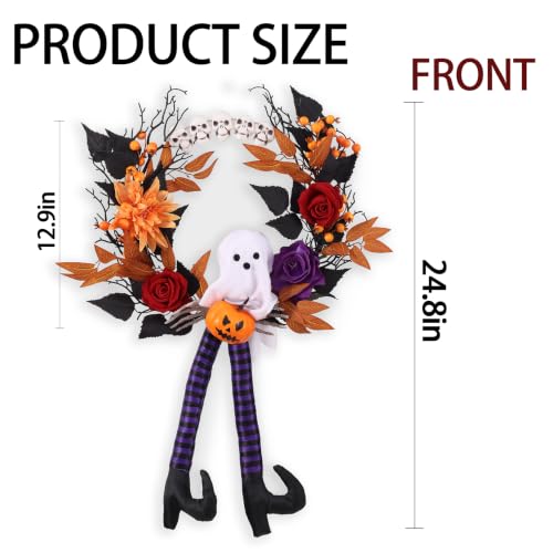 Halloween Wreath for Front Door 24.8 Inch with Witch Legs & Pumpkins - Indoor Outdoor Decor