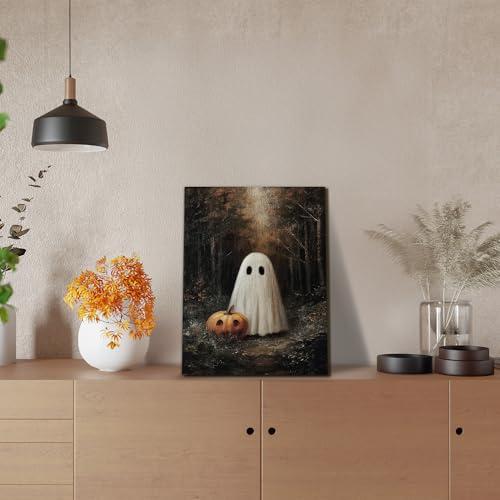 Halloween Ghost Pumpkin Canvas Wall Art - 11x14 Inch Spooky Home Decor