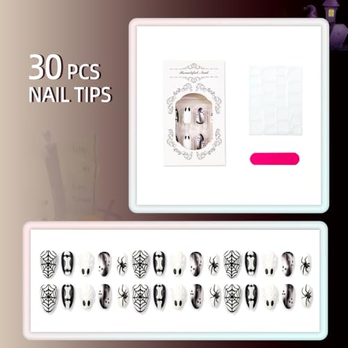 Gothic Halloween Press On Nails Short Almond Spider Ghost Set - Variation 31