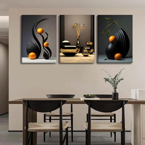 Black Abstract Canvas Wall Art Set - 12 x 16 in Modern 3-Piece Sculpture