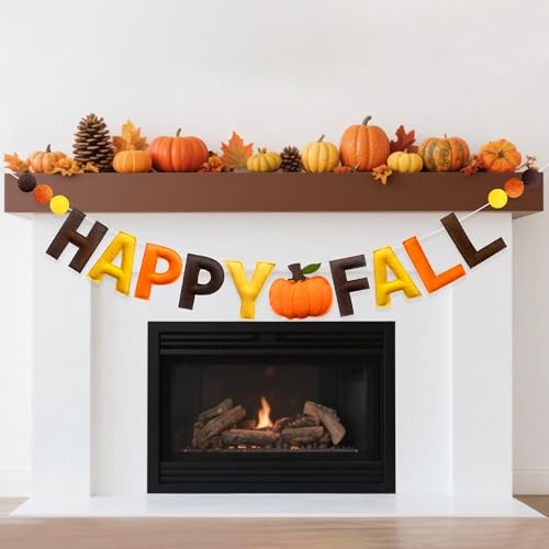 Happy Fall Felt Pumpkin Garland Banner - Autumn Thanksgiving Wall Decor with Wool Felt Balls - Variation: Happy Fall