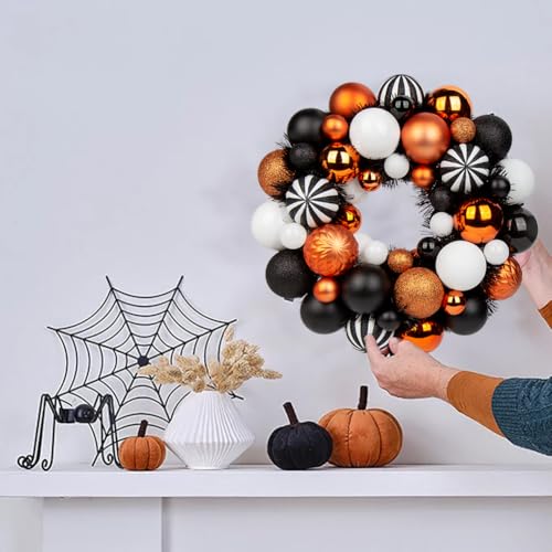 Halloween Ball Wreath 13 Inch Xmas Holiday Door Wall Decor Glitter Ornaments, White Black Orange