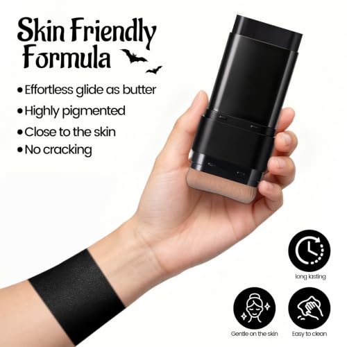 Black Dual-Ended Face & Body Paint Stick with Brush - Full Coverage Makeup for Cosplay & Halloween - Variation #01 Black