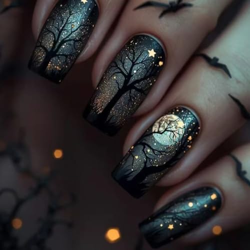 Halloween Press On Nails Medium Square with Dark Night Forest Moon & Star - Style3