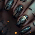 Halloween Press On Nails Medium Square with Dark Night Forest Moon & Star - Style3
