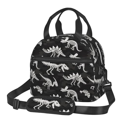Camouflage Dinosaur Skeleton Insulated Lunch Bag with Adjustable Strap - Black4