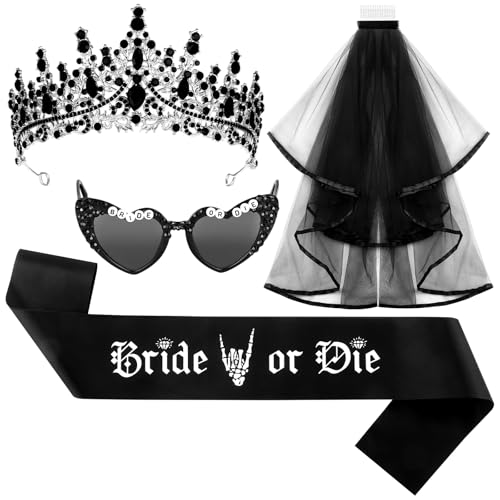 Gothic Bride Bachelorette Party Decorations Set - Black Tiaras Veil Sash & Glasses