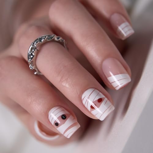 Press On Nails Short Square Halloween Boo Bandage White Pink - CurvLife