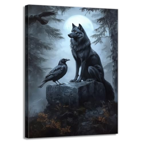 Wolf Raven Wall Art Canvas Print - Gothic Nature Wildlife Decor, 24x16 Inches - Variation Wolf-04