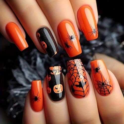 Halloween Press On Nails 24Pcs Medium Square Bat Spider Web Design - Halloween Nails 2