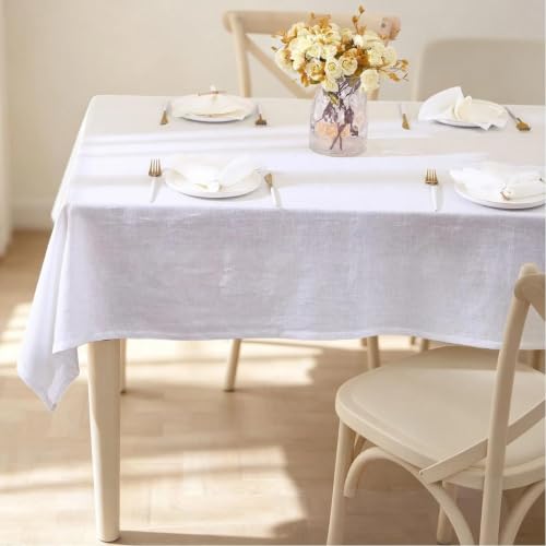 White Linen Tablecloth 60x84 Inches - Textured Dining Cover for Indoor & Outdoor Use