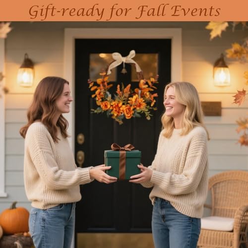 Artificial Fall Wreath with Orange Flowers, Bell & Bow for Front Door - Autumn Decor, Variation: Orange