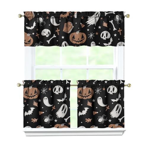 Halloween Kitchen Curtains and Valances Set of 3 - Goth Pumpkin Ghost Decor, 27.5W x 24L