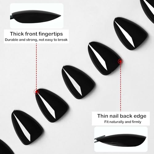 Black Short Almond Press On Nails Set - Reusable Fake Nails with Glue Tabs