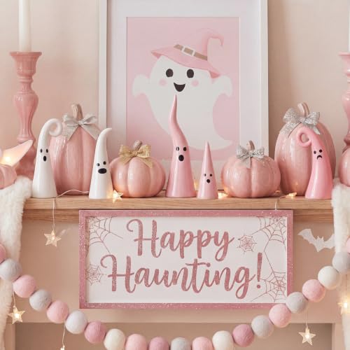 Pink Halloween Ceramic Ghost Decor Set - Witch Hat Shape, 5 Pieces