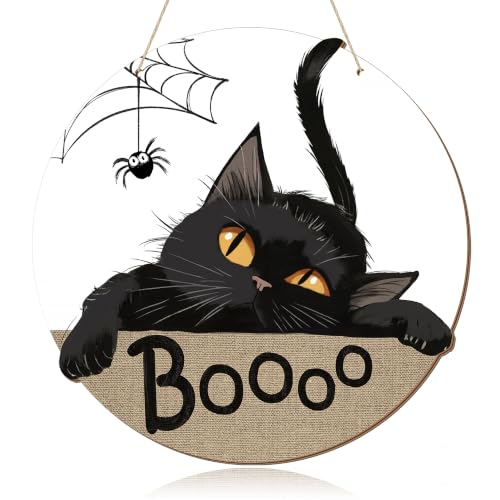 Halloween Black Cat Door Sign Decorations - Spooky Welcome Wreath for Front Door & Wall