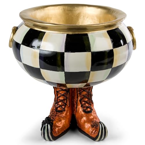 Halloween Cauldron Figurine - Black and White Check Spider Web Boot Variation