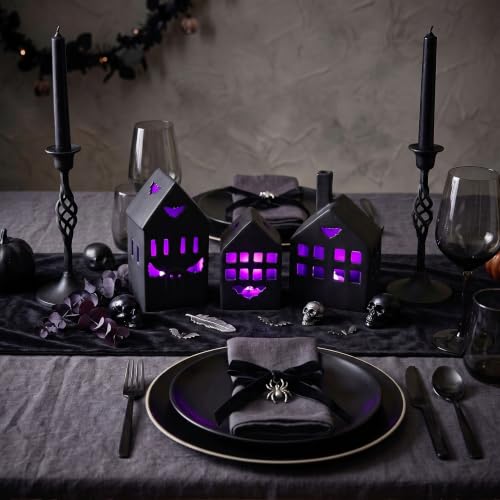 Halloween Village Ceramic Haunted House Figurine Set with Timer & LED Lights