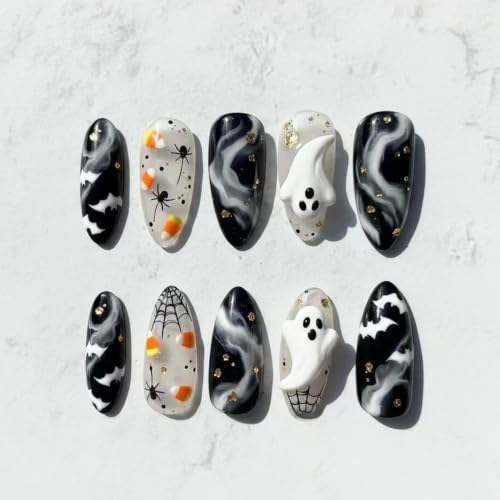 Halloween Press On Nails - Medium Almond Fake Nails with Black Spider Web and Ghost Design - Style01
