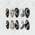 Halloween Press On Nails - Medium Almond Fake Nails with Black Spider Web and Ghost Design - Style01