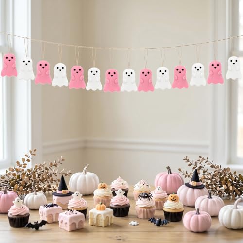C Style 24 Pcs Halloween Ghost Hanging Ornaments for Tree & Decor - Pink & White