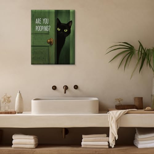Funny Black Cat Bathroom Wall Art Print - Pooping Variation, 8x10 Canvas Framed