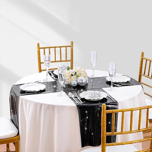 MoKoHouse 10 Pack Black Glitter Disco Table Runners - 13x72 Inches