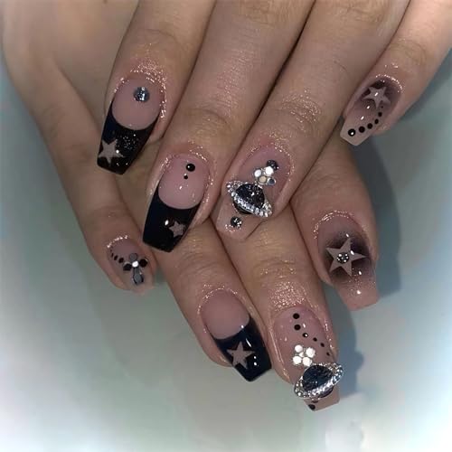 BABALAL Coffin Press On Nails Medium - Gothic Y2K Planet Star Fake Nails with Variation O05-1