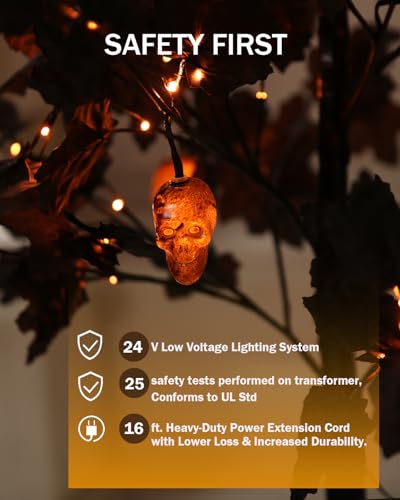 4ft Black Maple Halloween Tree with LED Skull Lights & Spiders - Indoor Outdoor Decor