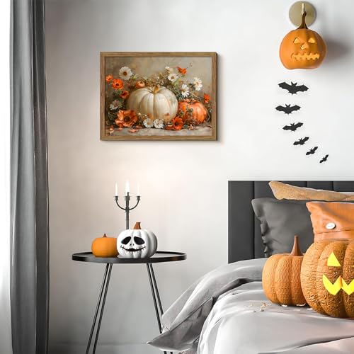 Golden Pumpkin Wall Art - Fall Canvas Framed Art 16x12 Inches - Rustic Pumpkin Decor