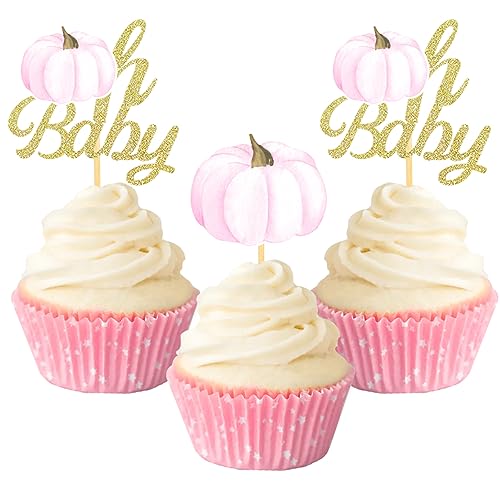24 Pcs Baby Pink Pumpkin Cupcake Toppers for Baby Shower & Autumn Party