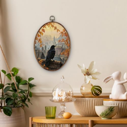 Crow Oval Wall Art Decor - Fall Nature Scene, 8.5x11 Inches, Wooden Frame