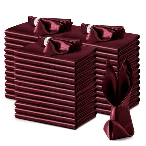 Set of 100 Burgundy Satin Scalloped Napkins 17x17 Inches for Wedding & Party