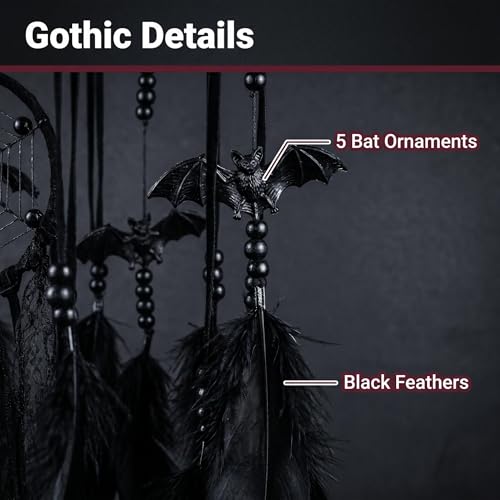 Halloween Gothic Black Dreamcatcher with Bat Ornaments - Wall Hanging for Witchy & Dark Decor - Variation Bat A