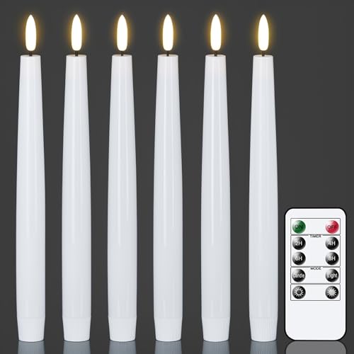 Flameless Flickering LED Taper Candles with Remote Timer - White Set of 6