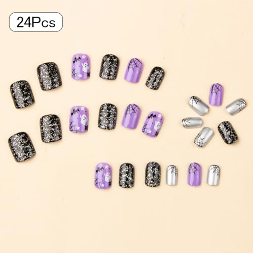 Halloween Short Press On Nails with Bat Ghost Spider Web Design - Purple 31