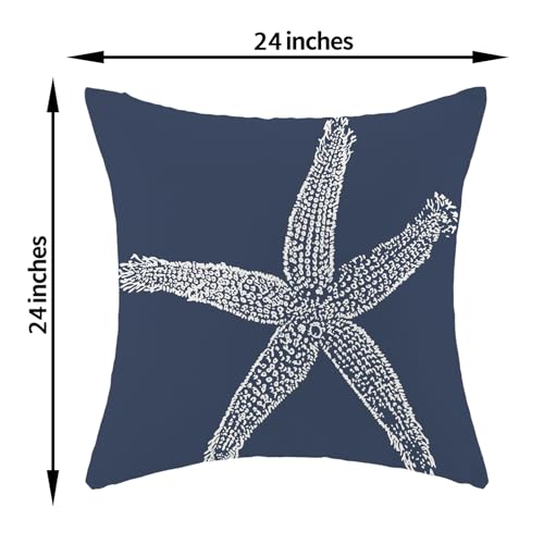 Navy Blue Starfish Coral Linen Pillow Covers 24x24 Inch Set of 2 - Coastal Nautical Decor