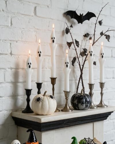 White Ghost Taper Candles Set of 6 - Spooky Halloween Dinner Decor, 10 Inch