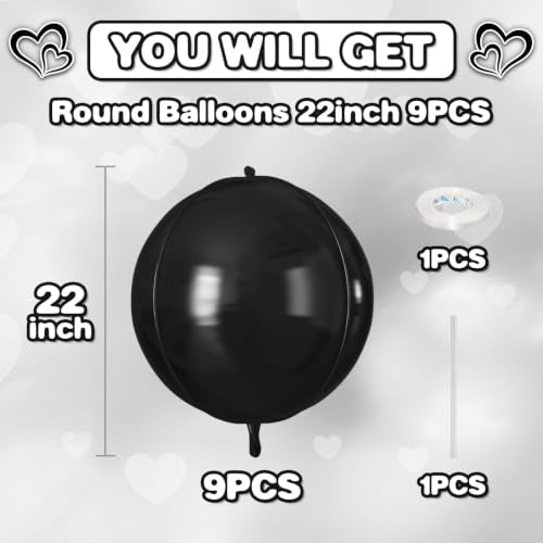 Black Round Foil Balloons - 22 Inch Metallic Latex Party Decor - Set of 9