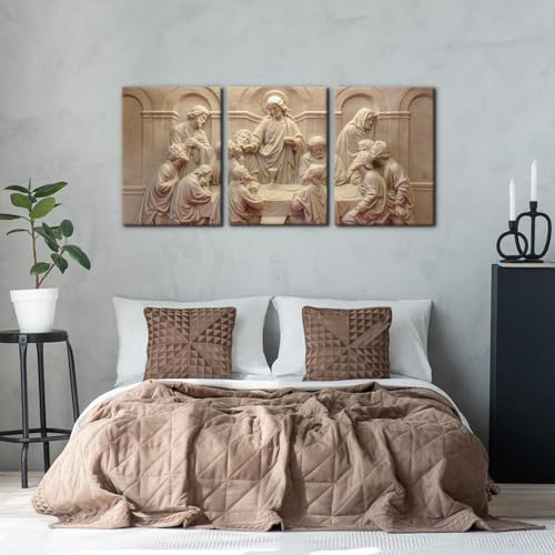 3 Pieces Canvas Wall Art The Last Supper Sculpture Style Paintings - 20" x 28" x 3 Panels, Ready to Hang - Variation of Wallart-09