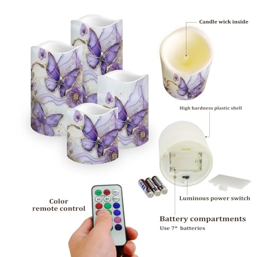 Purple Butterfly LED Pillar Candles Set of 4 with Remote & Timer - Color Changing Flameless Decor