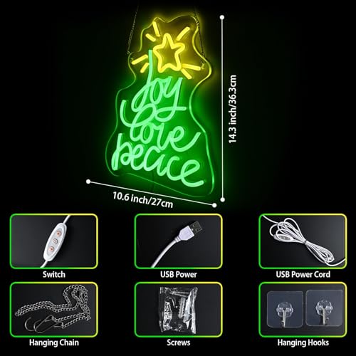 Christmas Tree Neon Sign - Joy Love Peace with Green Yellow Variations - USB LED Wall Decor