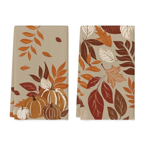 Fall Maple Leaves & Pumpkins Kitchen Towels Set of 2 - 18x26 Inch, Soft & Absorbent