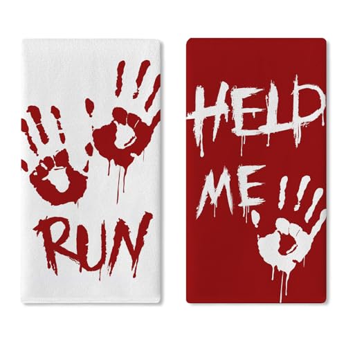 Halloween Bloody Hand Prints Kitchen Dish Towels Set of 2 - Run