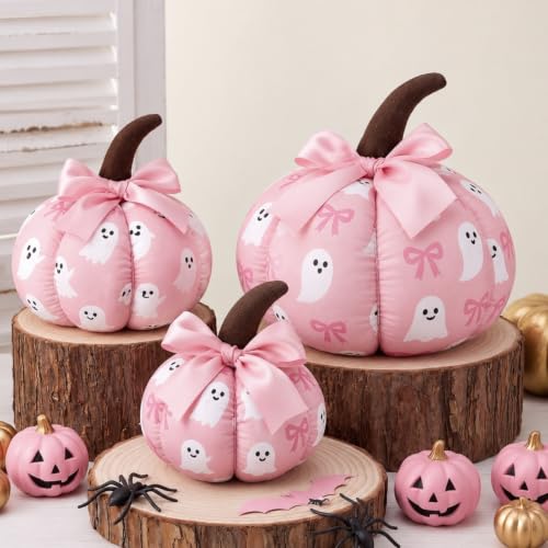 Pink Ghost Halloween Pumpkin Decor Set - 3 Sizes, Fabric Table Centerpieces